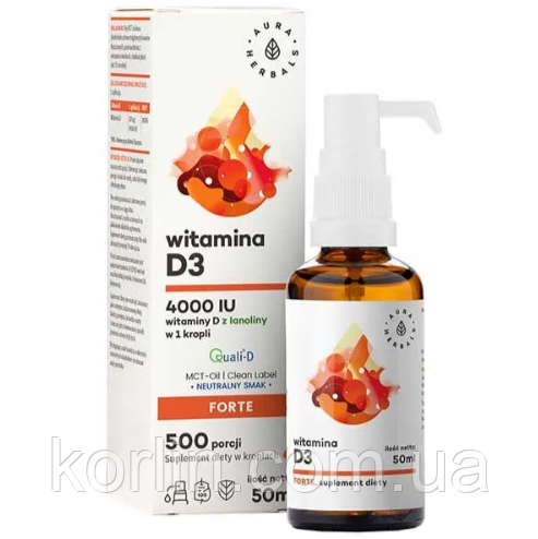 Вітамін Д3 4000 МО Vitamin D3 4000 IU 50 мл Aura Herbals, фото 1