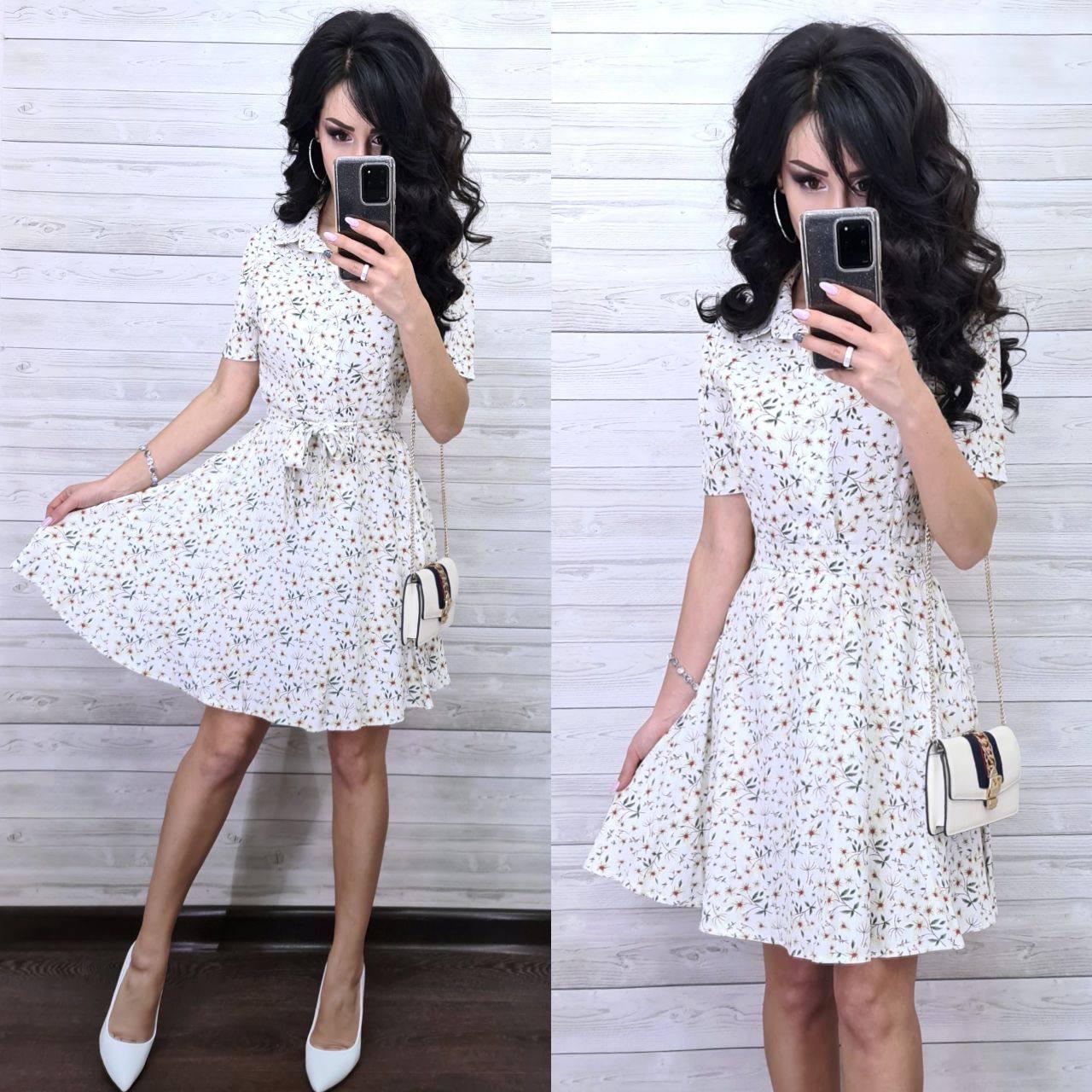 Легка літня сукня сорочка з льону у квітку з поясом, фото 1