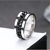 Черное мужское кольцо из ювелирной стали с цепью 8 мм. Все размеры . Кольцо в подарок мужчине папе