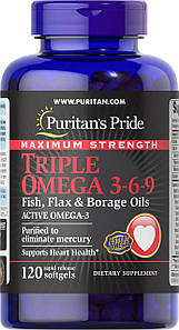 Омега-3-6-9 з олією льону та Огірковика Puritan's Pride Triple Omega 3-6-9 Fish Flax and Borage Oils 120 капс.