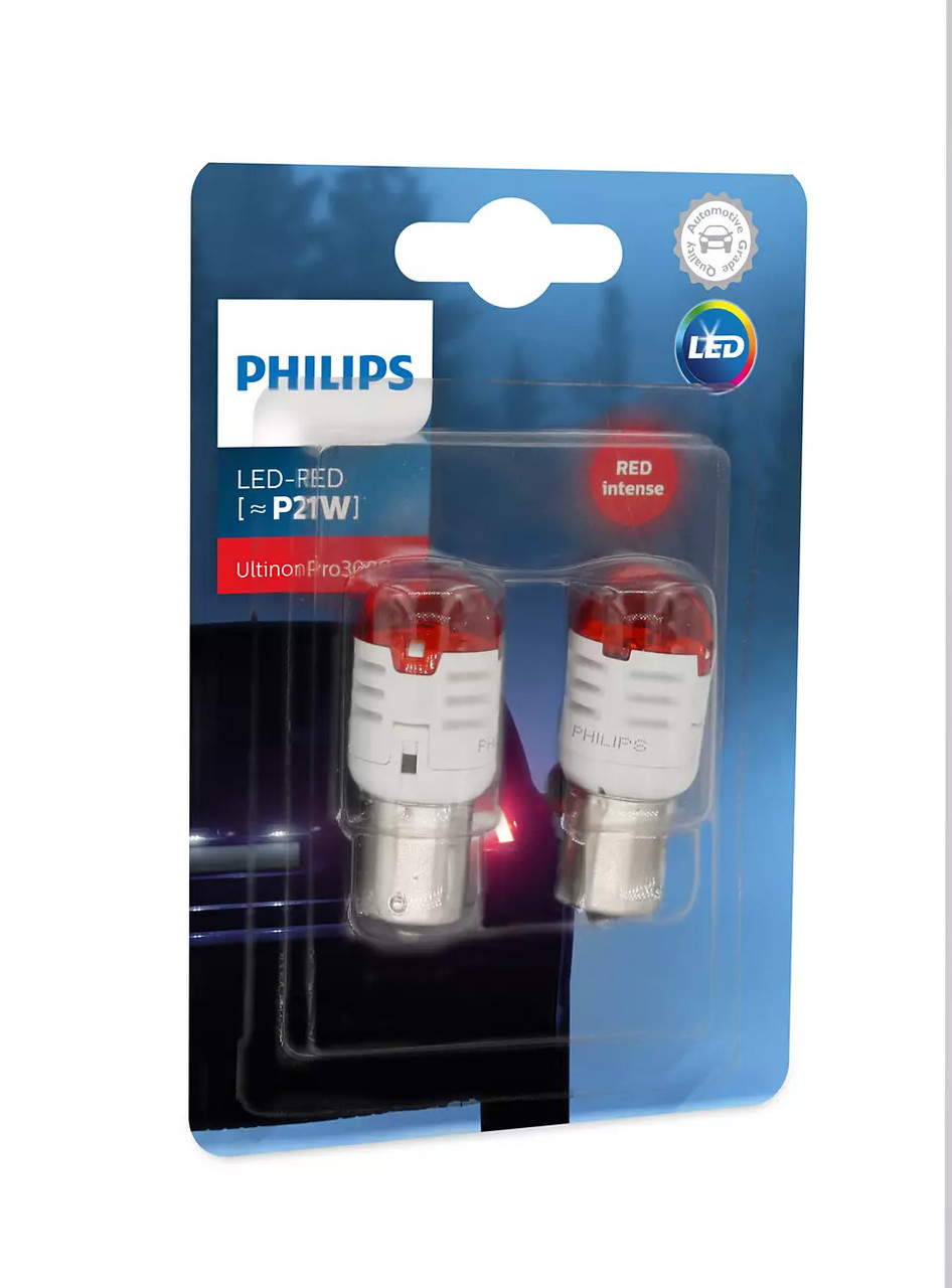 Світлодіодні лед лампи Philips Ultinon Pro3000 P21W (BA15S) сигнальні 12В, червоні ОРИГІНАЛ 11498U30RB2