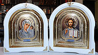 Иконы венчальные Спаситель, П.Б.Казанская в белом арочном деревянном киоте под стеклом, размер киота 28*25 сюж
