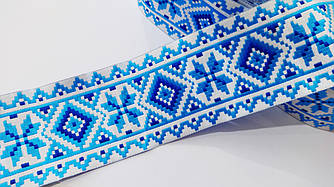 Стрічка жаккардова із українським орнаментом 50 мм блакитна на білому