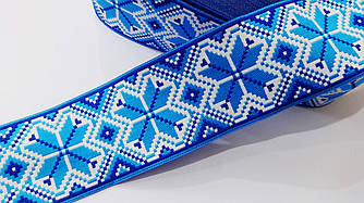 Стрічка жакардова із українським орнаментом 50 мм блакитна з білим