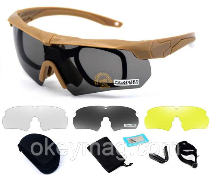 Тактичні окуляри ESS Crossbow Polarized з 3 лінзами та діоптріями (Койот)