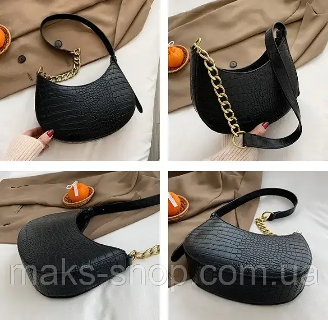 Женская сумка багет на плечо из экокожи полукруглая,ультрамодная стильная сумка багет под рептилию Черный - фото 3 - id-p1636643175