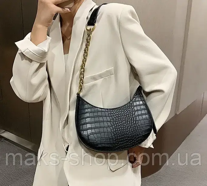 Женская сумка багет на плечо из экокожи полукруглая,ультрамодная стильная сумка багет под рептилию Черный - фото 5 - id-p1636643175