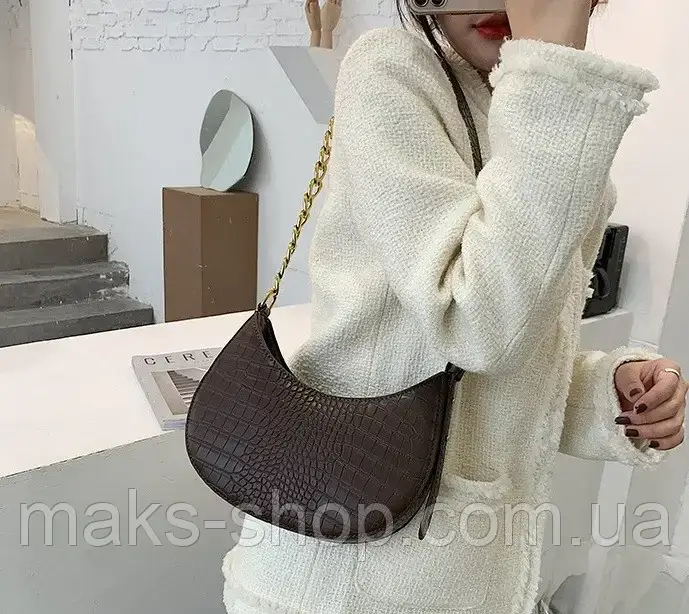 Женская сумка багет на плечо из экокожи полукруглая,ультрамодная стильная сумка багет под рептилию Черный - фото 6 - id-p1636643175