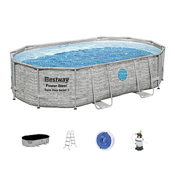 Каркасний овальний басейн Bestway 56946 (488*305*107см, 10949 л, сходи, фільтр, тент) Ротанг