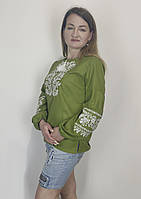 Борщевская женская вышиванка с длинным рукавом весна лето на домотканом полотне хаки
