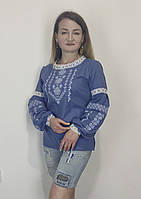 Женская вышиванка с длинным рукавом весна лето на синем домотканом полотне