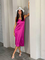 Сукня комбінація на бретельках з декольте S M L(42 44 46) ніжне фуксія сатин