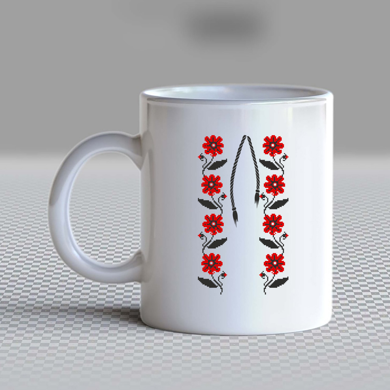 Білий кухоль (чашка) з принтом "Квітковий орнамент (червоний) вишиванки на грудях" Push IT