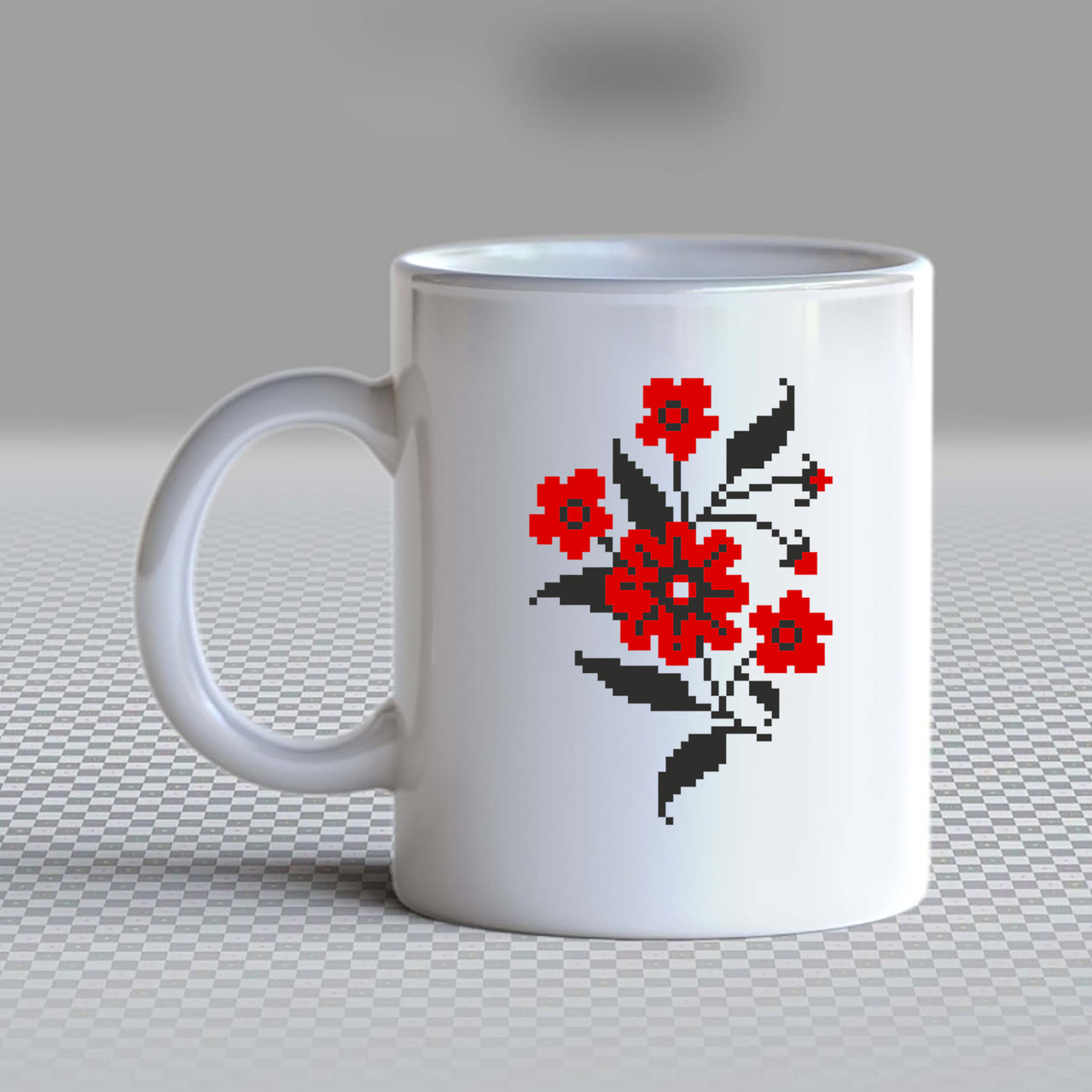 Білий кухоль (чашка) з принтом "Квітковий орнамент (червоно-чорний) вишиванки на грудях" Push IT