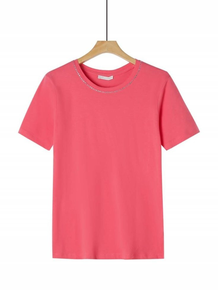 Футболка базова жіноча в рожевому кольорі зі стразами на комірі, фото 1