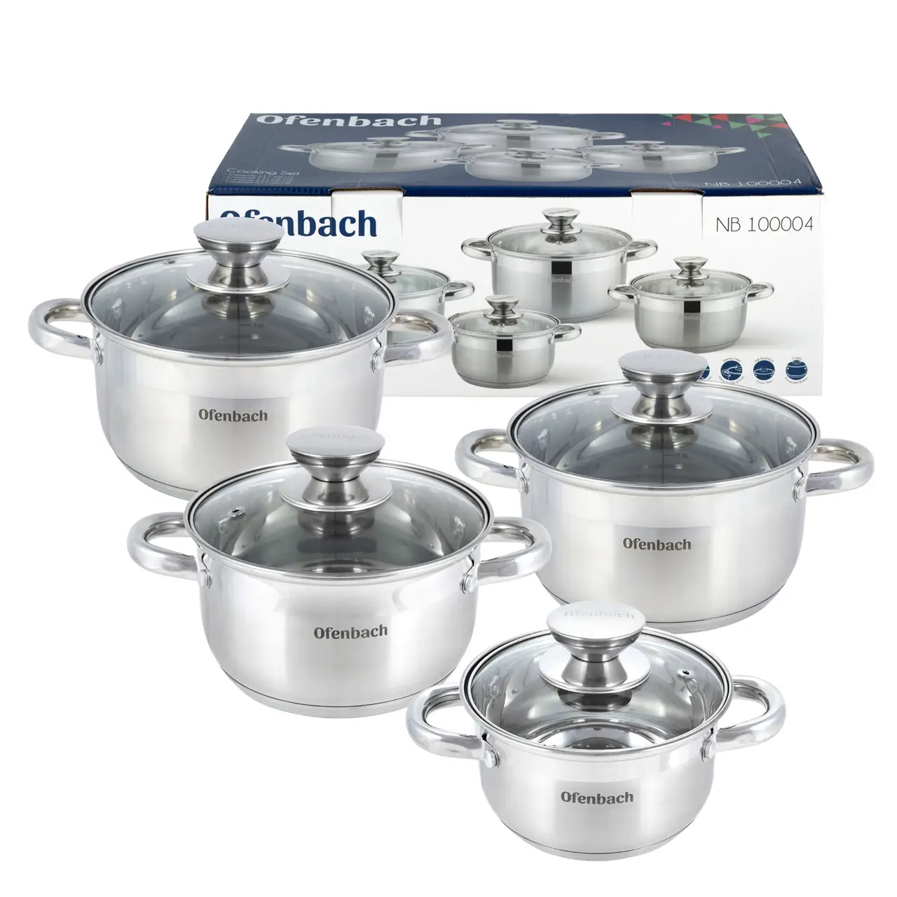 Набір каструль Ofenbach з нержавіючої сталі 8 предметів для індукції і газу (1.1,1,7л, 2.4л, 3.4л) KM-100004