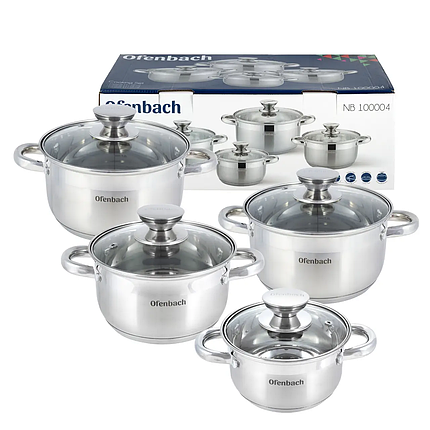 Набір каструль Ofenbach з нержавіючої сталі 8 предметів для індукції і газу (1.1,1,7л, 2.4л, 3.4л) KM-100004, фото 1