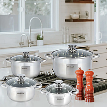 Набір каструль Ofenbach з нержавіючої сталі 8 предметів для індукції і газу (1.1,1,7л, 2.4л, 3.4л) KM-100004, фото 2