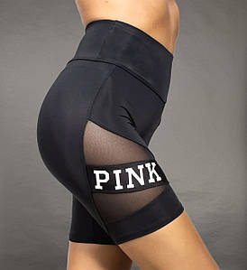 Велосипедки з мікрофібри чорні жіночі спортивні з вставками чорного біфлекса і сітки