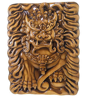 Різьблене дерев'яне панно "Небесний лев Будди" покрита патиною