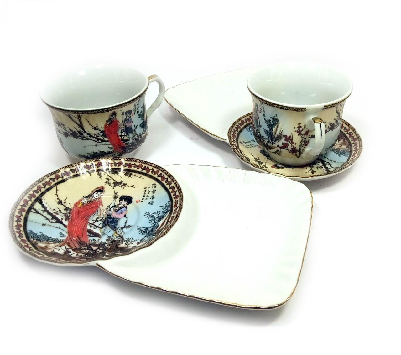 Сервіз порцеляна (170 мл) (2C102) 2 чашки + 2 блюдця "Сакура" (h-6,5 см,d-8,5 см, очисники 21х12 см), фото 1