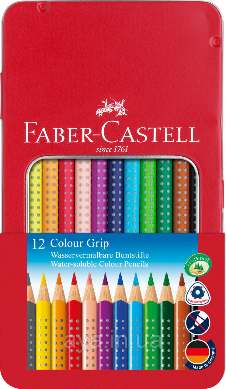 Кольорові акварельні олівці Faber-Castell Colour Grip, 12 кольорів, тригранні, метал. коробка