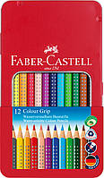 Кольорові акварельні олівці Faber-Castell Colour Grip, 12 кольорів, тригранні, метал. коробка