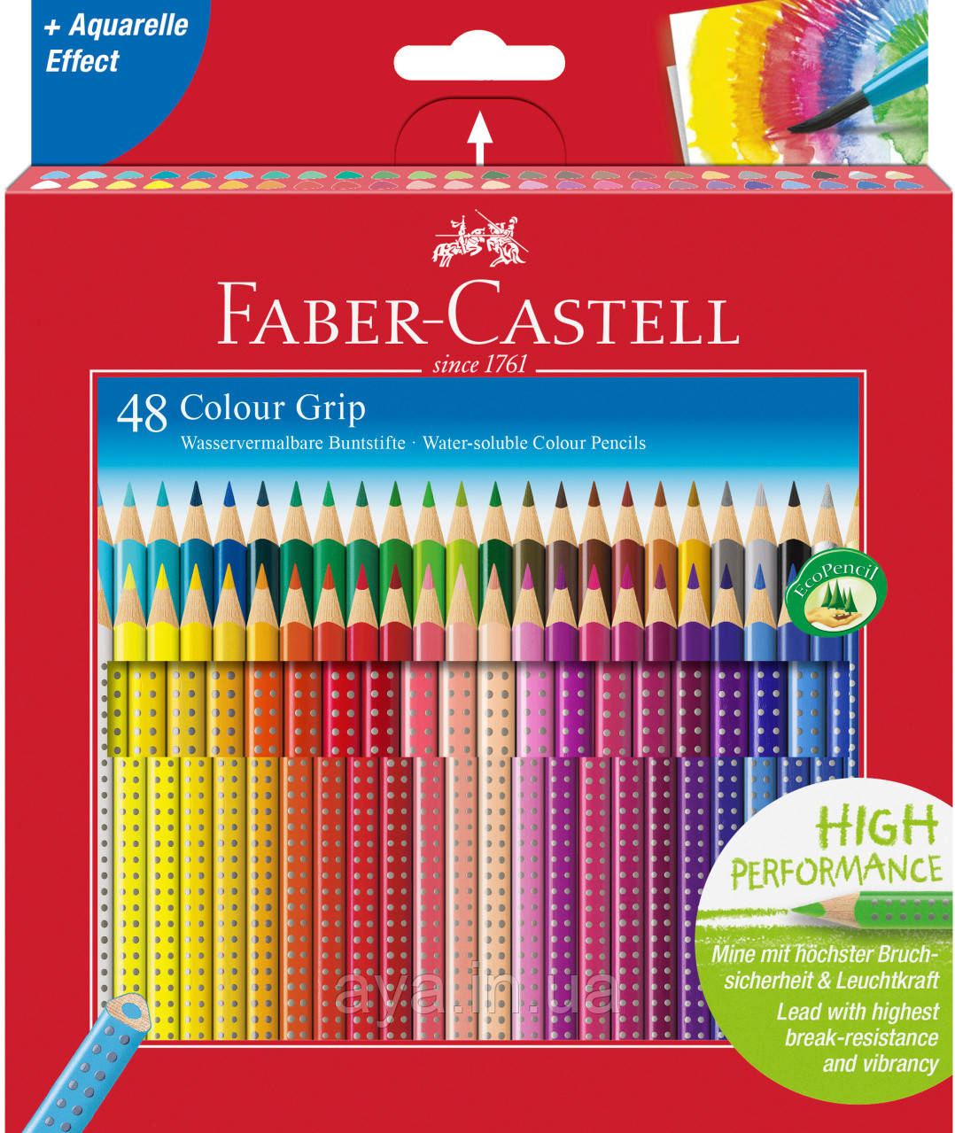 Кольорові акварельні олівці Faber-Castell Colour Grip, 48 кольорів, тригранні, карт. коробка