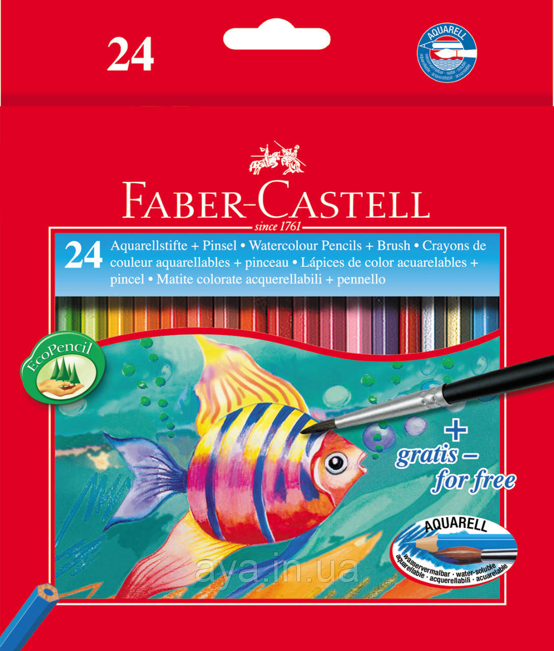 Кольорові акварельні олівці Faber-Castell Classic Colour, 24 кольори, шестигранні, карт. коробка + пензлик