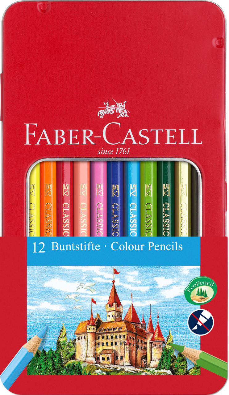 Кольорові олівці Faber-Castell Classic Colour, 12 кольорів, шестигранні, метал. коробка