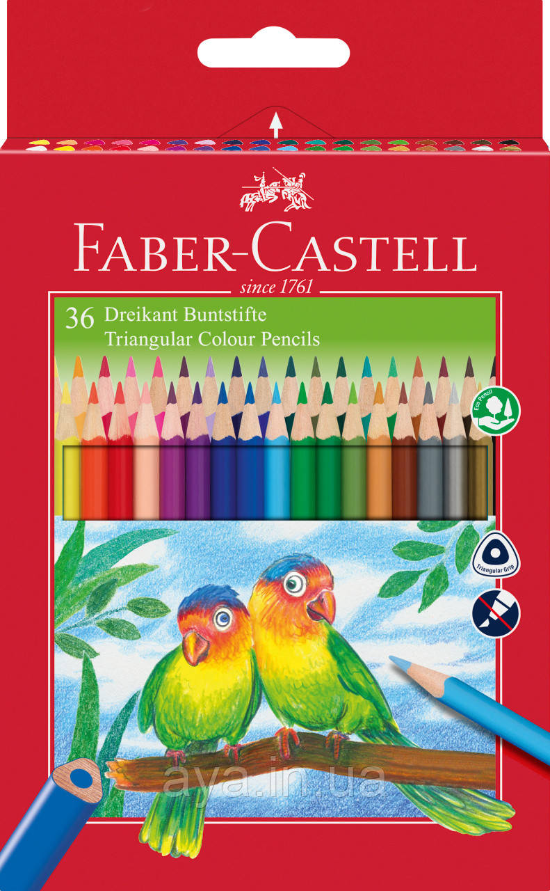 Кольорові олівці Faber-Castell, 36 кольорів, тригранні, карт. коробка + точилка