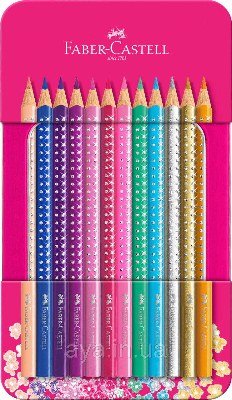 Кольорові олівці Faber-Castell Grip Sparkle, 12 кольорів, тригранні, метал. коробка