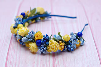 Обруч на голову / ободок для волосся з квітами жовто-синьо-блакитний 577