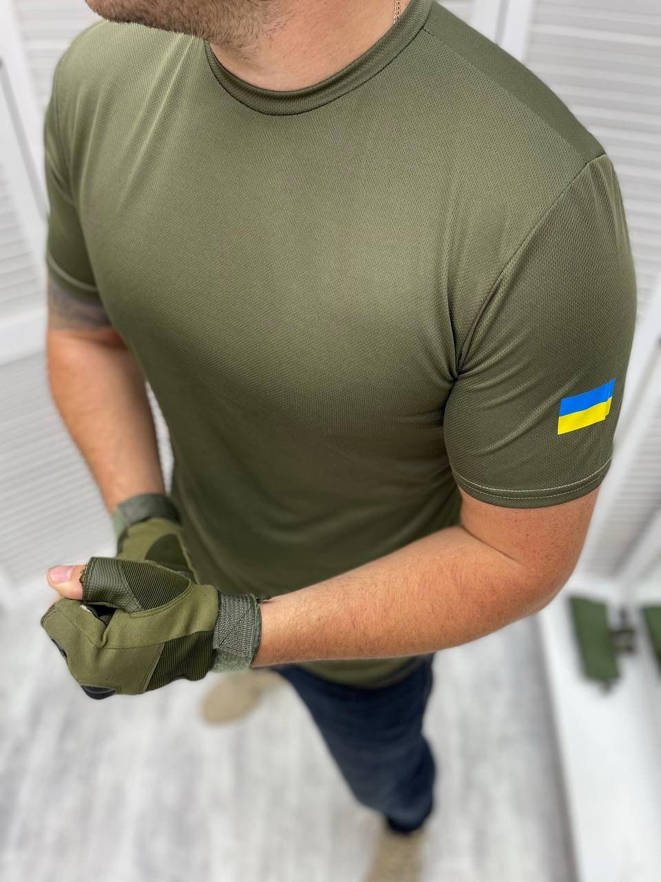Футболка мужская хаки тактическая армейская для военных с коротким рукавом с флагом Украины Coolmax