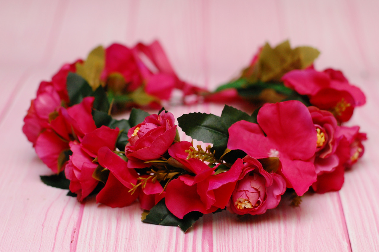 Вінок для волосся / віночок на голову з квітами у малиновому кольорі 582, фото 1