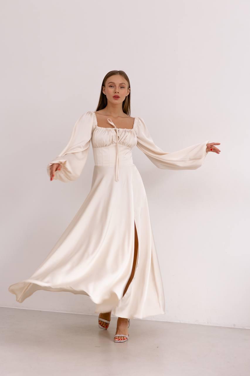 Розкішна жіноча шовкова сукня Асті із акцентною талією та пишною спідницею довжина максі Smdi7607