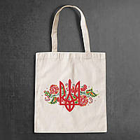 Эко-сумка, шоппер, повседневная с принтом "Герб Украины красного цвета на цветочном фоне" Push IT