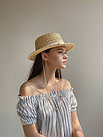 Шляпа жесткая соломенная французская канотье с прямыми полями бежевая с цепью