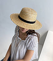 Шляпа женская канотье широкополая летняя стильная бежевая с цепью