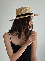 Шляпа женская канотье летняя с прямыми полями бежевая с цепью