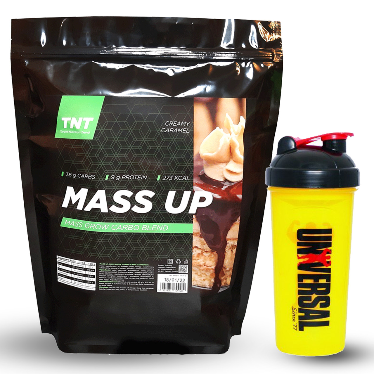 Комплект для набирання маси: 2,5 кг Гейнер Mass Up карамель + шейкер у подарунок, фото 1