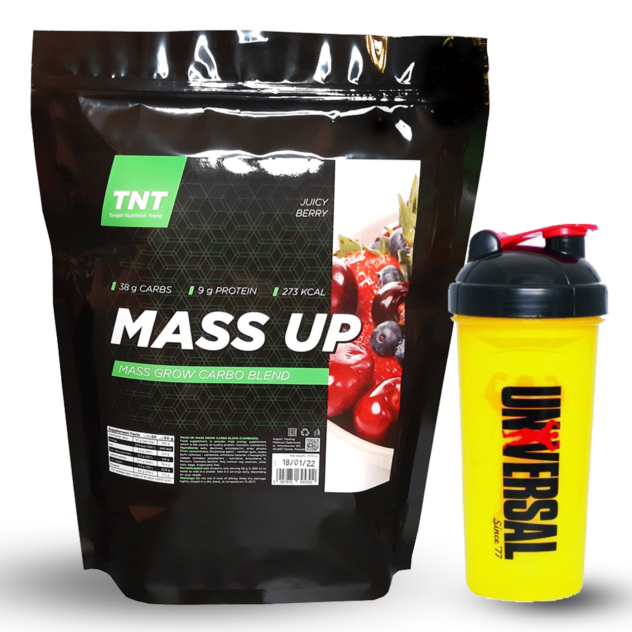Mass Up комплект для набирання ваги худорлявий 2,5 кг Гейнер ягоди + шейкер у подарунок Польща