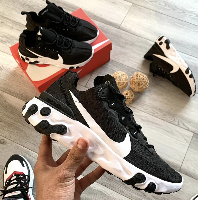 Чоловічі кросівки Nike React Element 55 весна-літо повсякденні у сітку чорні з білим. Живе фото. топ, фото 1