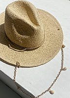 Женская шляпка федора из рафия на лето с цепью с ракушками модная для города бежевая