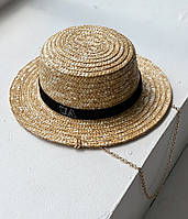 Соломенная шляпа женская Канотье стильная красивая с цепью и надписью UA
