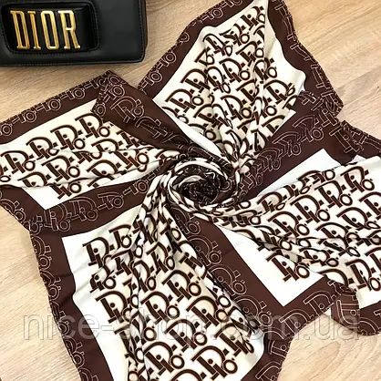 Хустка D.i.o.r. шовкова з ручною підшивкою, коричневий, фото 4