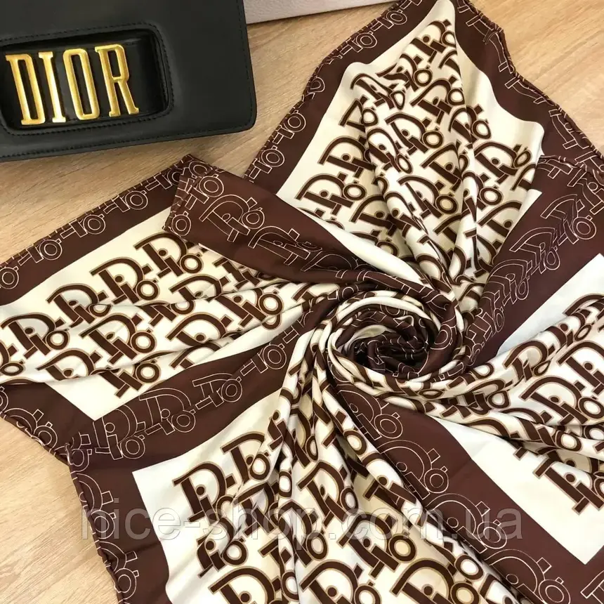 Хустка D.i.o.r. шовкова з ручною підшивкою, коричневий, фото 1