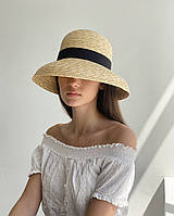 Соломенная шляпа жесткая летняя с круглыми полями бежевая с чёрной лентой