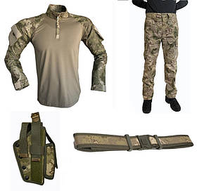 Тактична військова форма (тактична сорочка Убакс UBACS + Військові штани + ремінь+кобура) комуфляж олівія