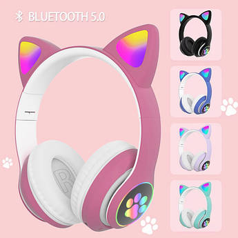 Навушники дитячі бездротові з котячими вушками Котики STN-28 Bluetooth-навушники Рожевий колір